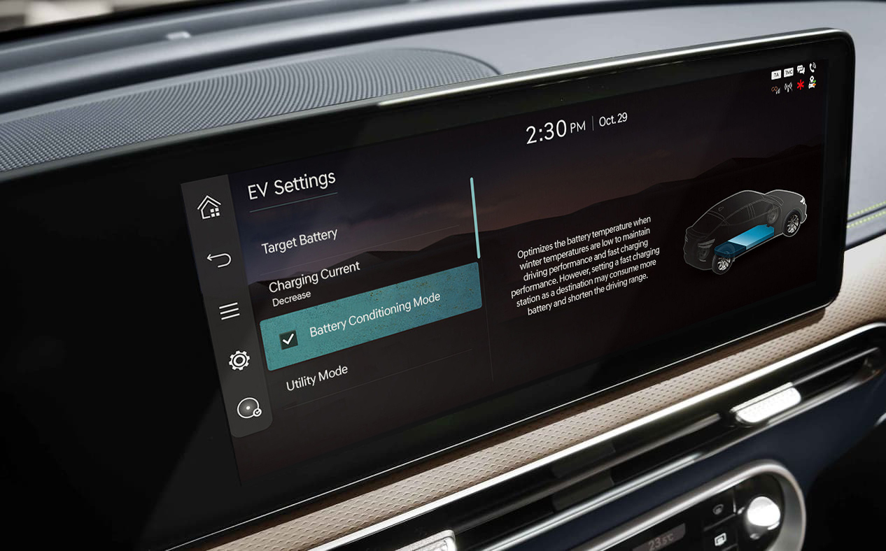 The infotainment display showing the battery conditioning mode screen.